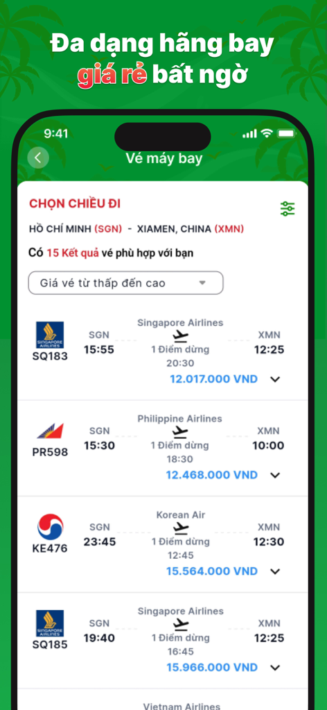 Rovi Travel - Aplicación móvil Rovi Travel mostrando resultados de búsqueda de vuelos de Ho Chi Minh a Xiamen con varias opciones de aerolíneas y precios
