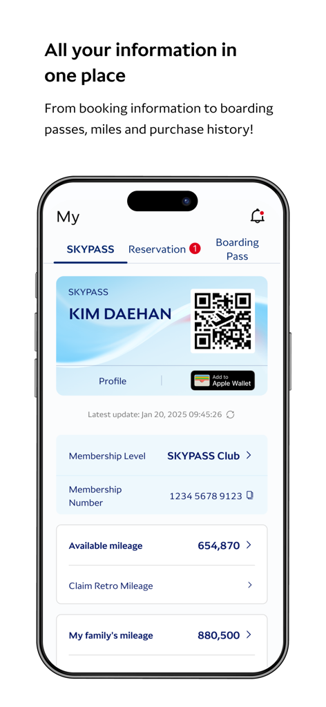 Korean Air My app screen displaying SKYPASS membership level and available mileage balance
