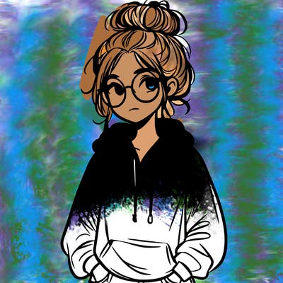 teen girl with a messy bun and glasses wearing a loose hoodie and jeans