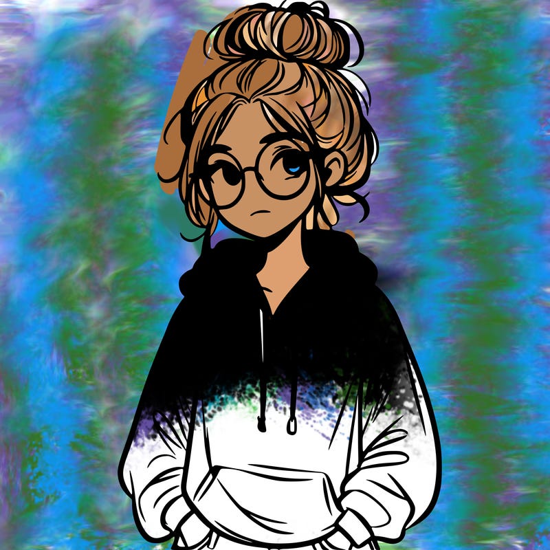 teen girl with a messy bun and glasses wearing a loose hoodie and jeans