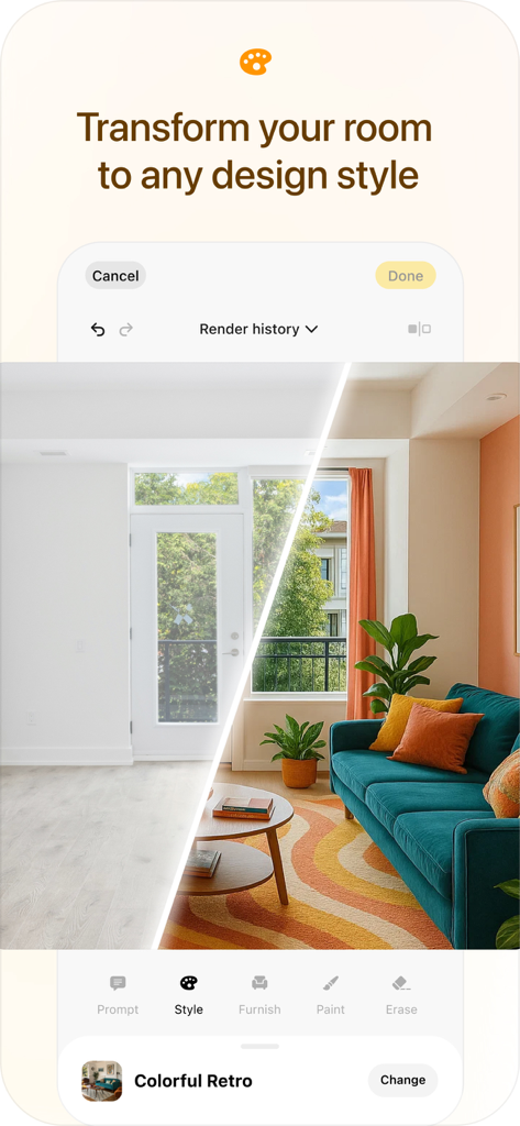 Spacia: AI Home Design - App screen showing a before and after comparison of a room redesigned with AI in colorful retro style