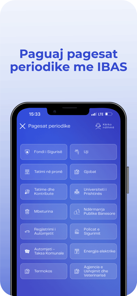 IBAS mobile app interface showing a list of recurring payment options for services in Kosovo.