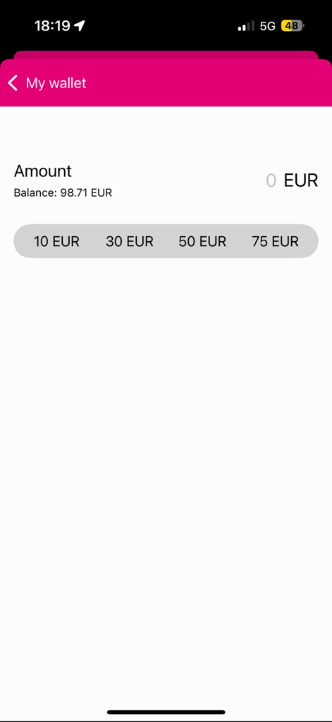 espoTs - ユーロでの残高とチャージオプションを表示するespoTsアプリのウォレット画面