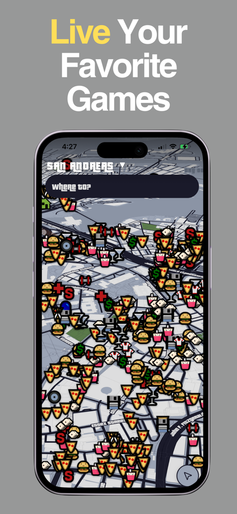 Pixel Maps - Game Maps IRL - A smartphone displaying a city map in the style of Grand Theft Auto San Andreas with gaming icons.