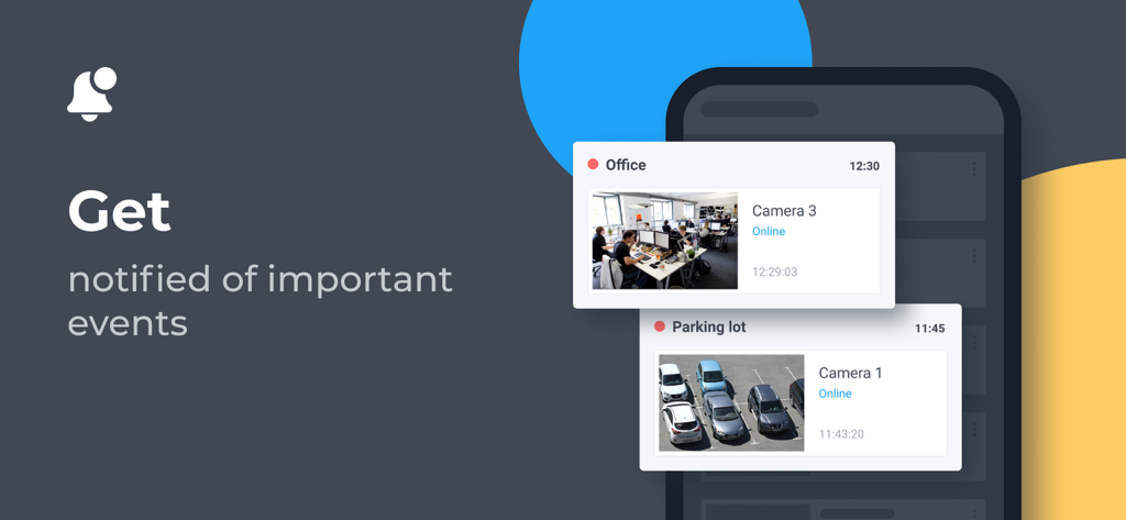 Video Surveillance Ivideon - Smartphone screen showing Ivideon security camera notifications for an office and a parking lot.