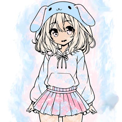 pretty anime girl wearing a fluffy hoodie with bunny ears on the hood and a skirt