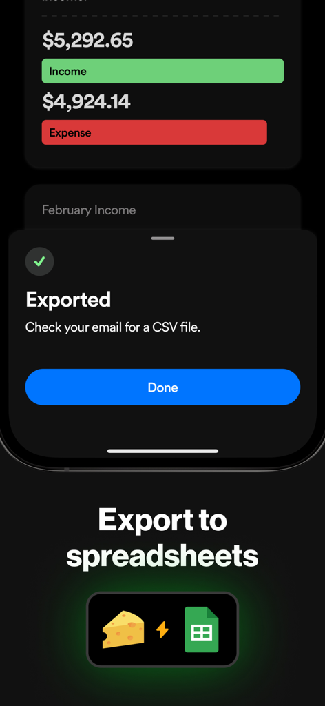 Confirmation screen for exporting financial data to a CSV spreadsheet in the Cheddar budgeting app