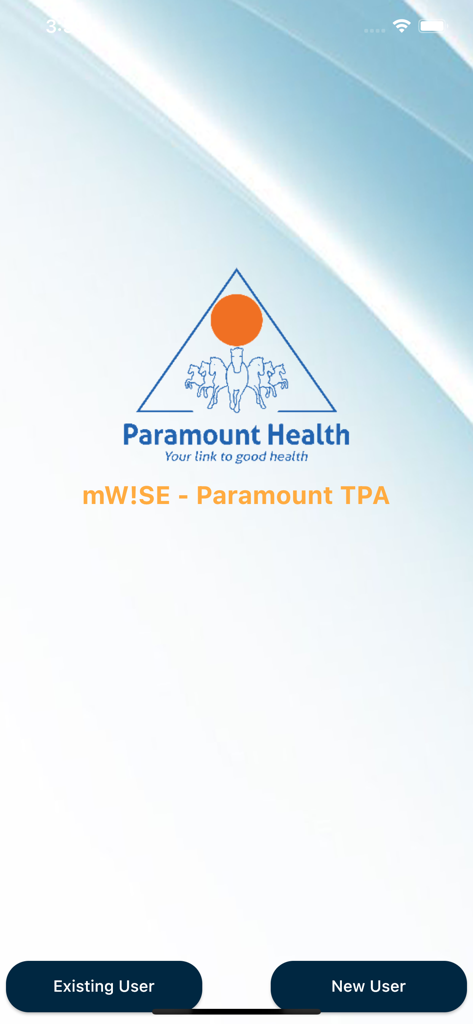 Welcome screen of the mWise Paramount TPA mobile app with options for existing and new users
