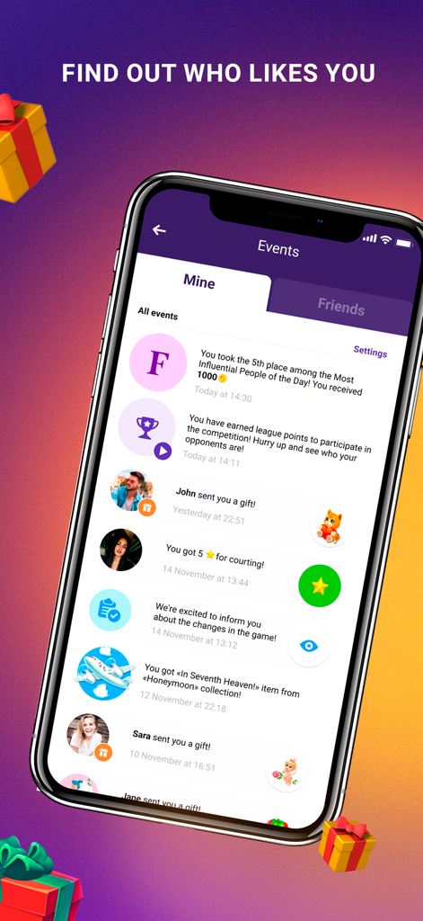 Kiss me: Kissing Games Bottle - A screenshot of the Events feed in the Kiss Me app showing user notifications for gifts received and social rankings.