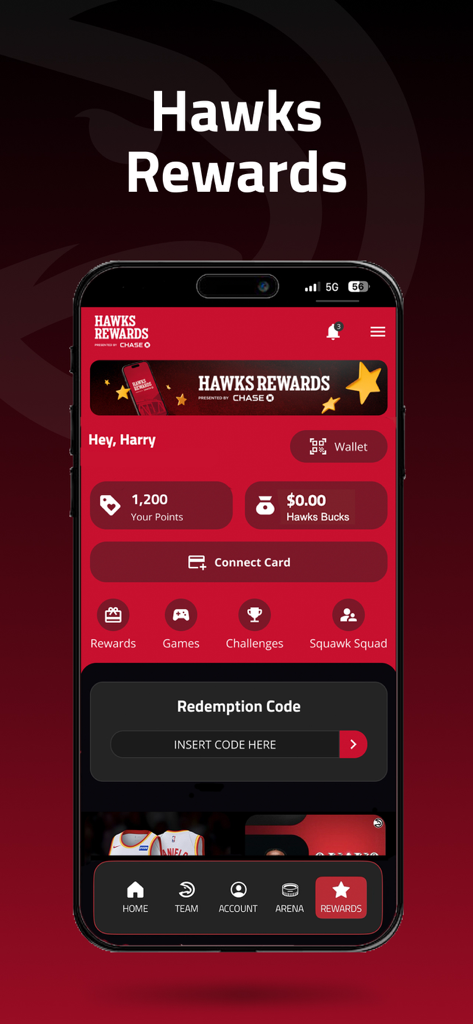 Dashboard of the Hawks Rewards program in the Atlanta Hawks mobile app showing points and membership features