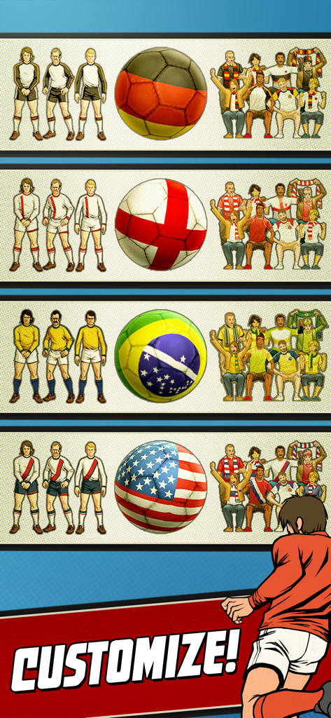 Flick Kick Football Kickoff - Customization screen showing different national team kits and footballs in a retro style