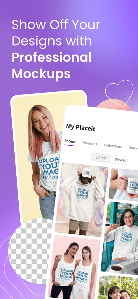 Placeit Mockups & Design - Placeit app interface showcasing a variety of professional apparel and product mockup templates with real models