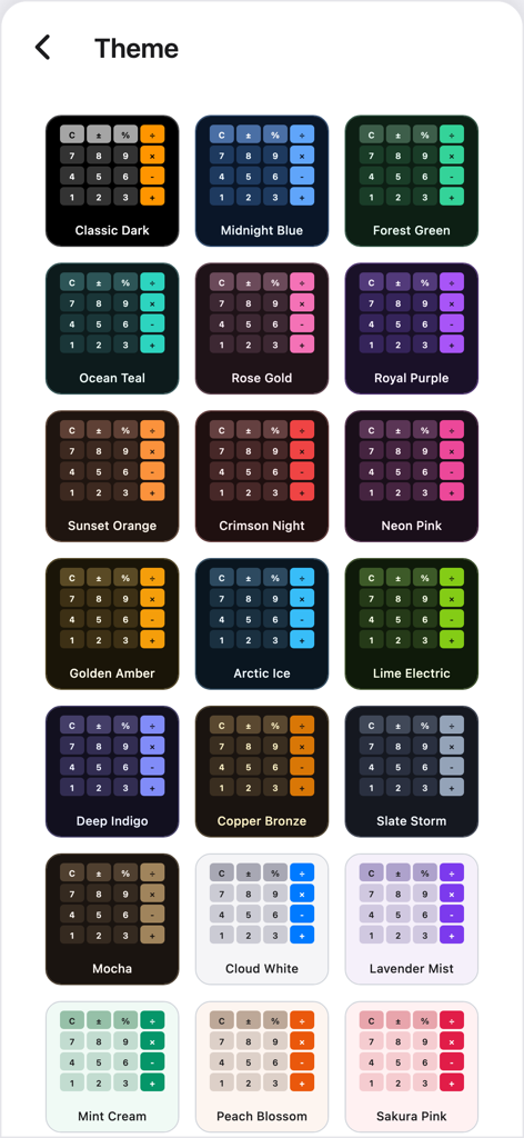 Calculator: Scientific+Finance - A collection of colorful calculator theme previews showing various dark and light mode options