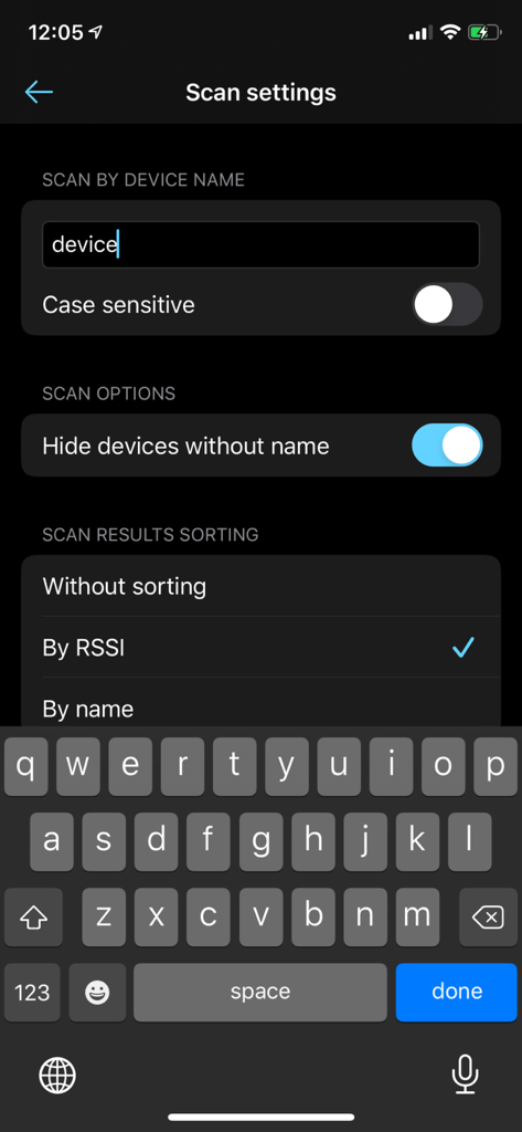 BLE Scanner app scan settings with filtering and sorting options