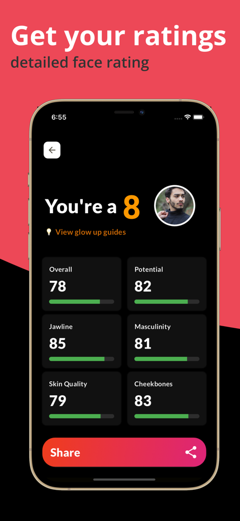 BestYou AI - Face rate & Umax - BestYou AI app screen displaying facial analysis scores for jawline cheekbones and skin quality