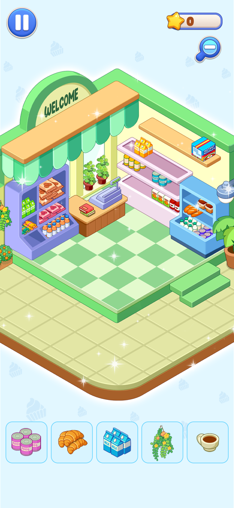 A cozy organized grocery store interior with shelves of food and a green checkered floor