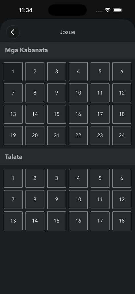Tagalog Bible – Audio Offline - Pantalla de selección de capítulo y versículo para el Libro de Josué en la aplicación de la Biblia Tagala.
