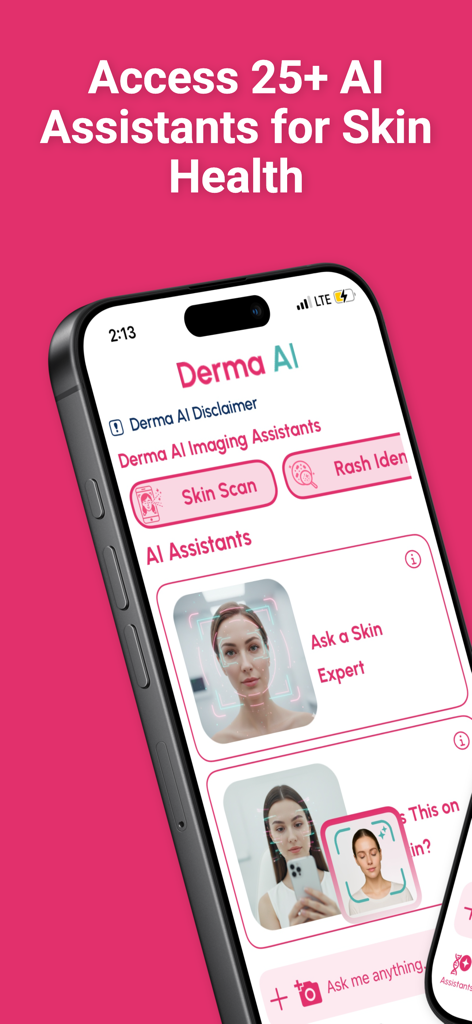 Derma AI: AI for Dermatology - iPhone screen displaying the Derma AI app interface featuring AI assistants for skin health and facial scanning