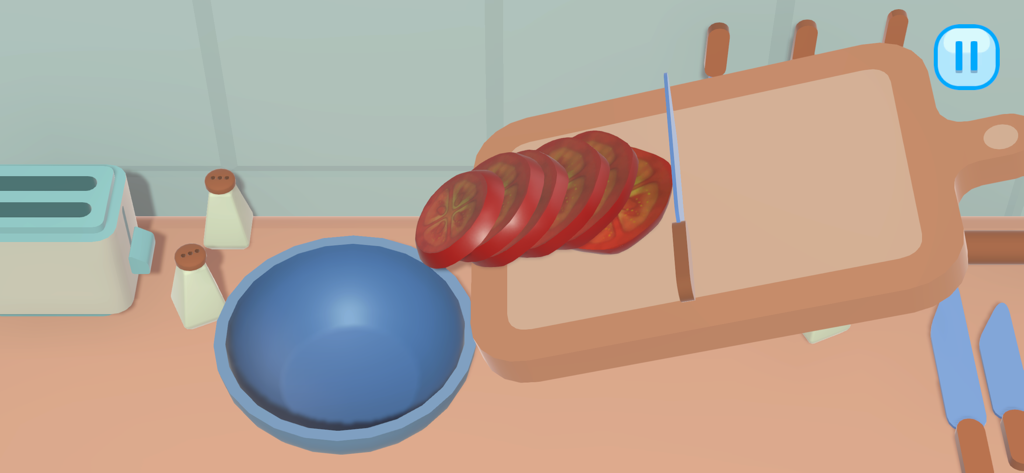 Cooking Time! - Una interfaz de juego de cocina 3D que muestra rodajas de tomate en una tabla de cortar de madera siendo movidas a un cuenco azul.