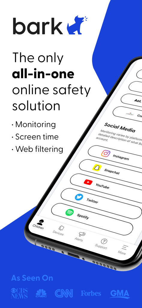 Bark app screen showing online safety features including monitoring, screen time, and social media filtering.