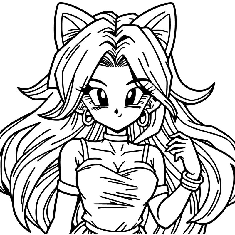 dbz anime woman, cute, with long hair and cat ears