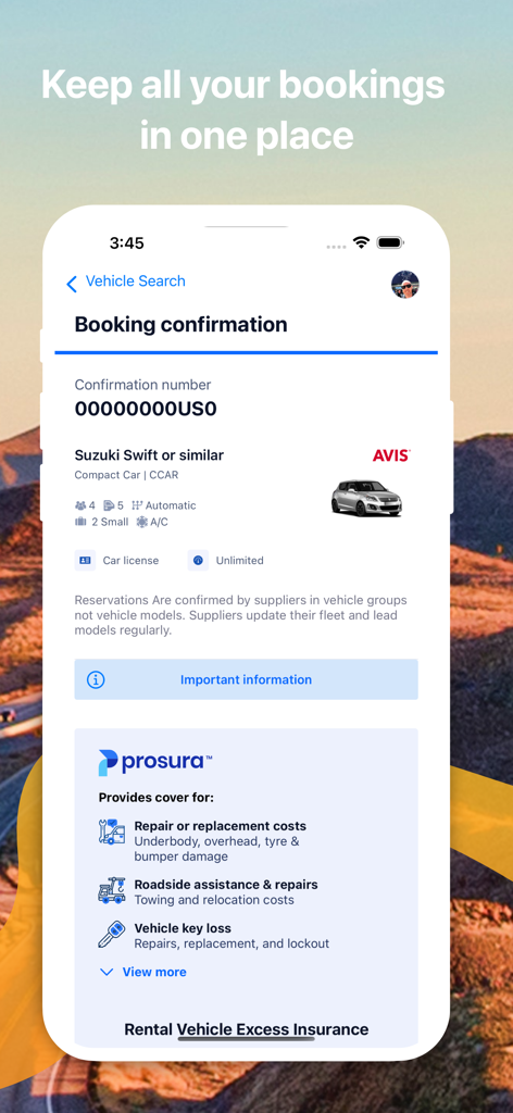 차량 유형 및 보험 적용 범위를 포함한 컴팩트카 렌탈 세부 정보가 포함된 VroomVroomVroom 앱의 예약 확인 화면