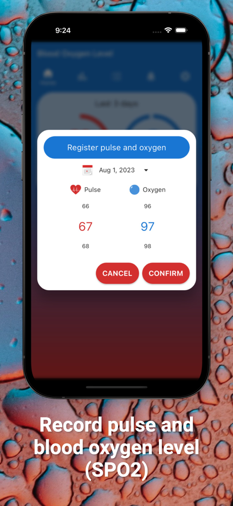 Blood Oxygen Level - Interface of Blood Oxygen Level app showing the registration form to manually enter pulse and SpO2 measurements