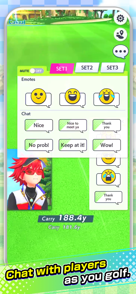 NEKO GOLF -Anime GOLF- - In-game chat interface showing emotes and preset messages in Neko Golf