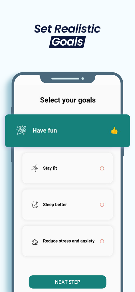 Dance Fit - Weight Loss Moves - Schermata dell'app mobile Dance Fit che mostra le opzioni di selezione degli obiettivi, tra cui divertirsi, rimanere in forma e ridurre lo stress
