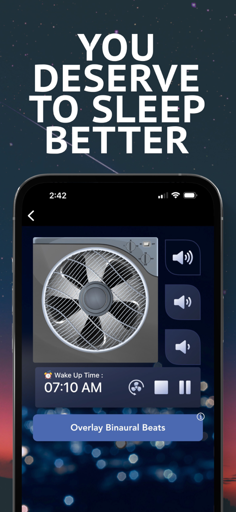 Sleep Fan app interface showing an oscillating fan white noise player with wake up alarm and binaural beats options