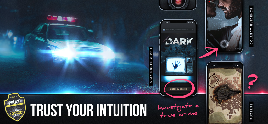 Duskwood - Detective Story - Werbebanner für die Duskwood-Detektivgeschichte, das mobile Bildschirme mit True-Crime-Beweisen und einem Polizeiauto zeigt.