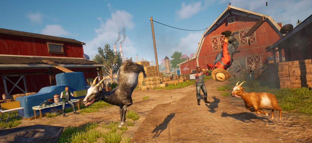 Goat Simulator 3 - A goat jumping in the air on a farm while a character is launched by ragdoll physics in Goat Simulator 3.