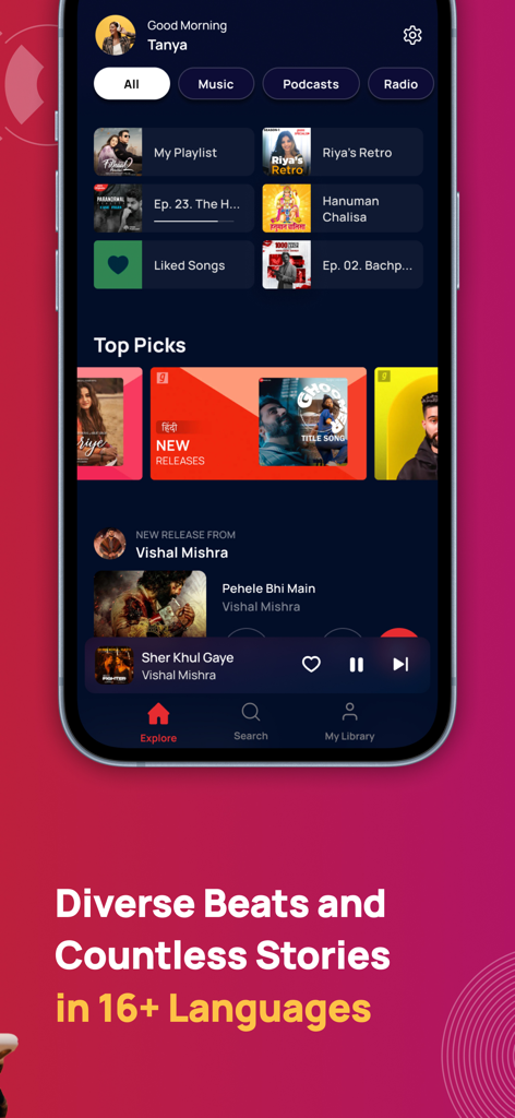 Gaana Music - Songs & Podcasts - Gaana Music App-Oberfläche, die eine Vielzahl indischer Musik und Podcasts in 16 Sprachen zeigt
