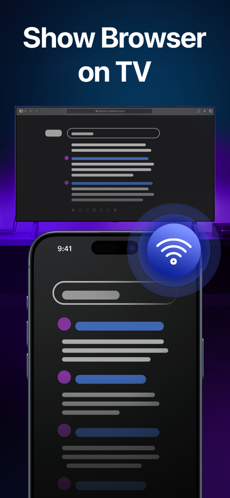 Ein iPhone-Bildschirm spiegelt einen Webbrowser auf einen Fernseher.