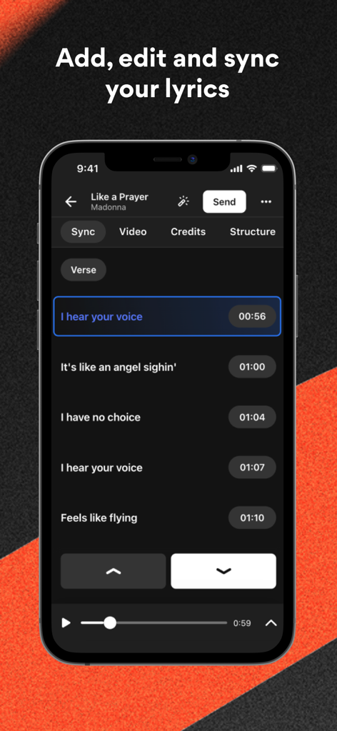 Musixmatch Pro - Musixmatch Pro mobile app interface for synchronizing song lyrics with precise timestamps