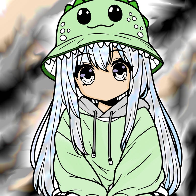 girl with anime shaped eyes with a dinosaur bucket hat oversized sweatshirt long straight hair