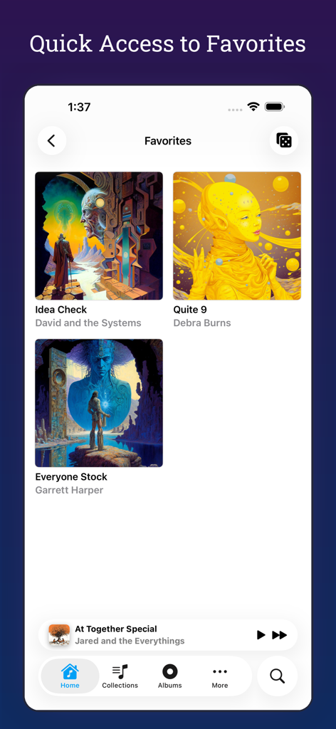 MiniMoon Music - Interfaz de la aplicación MiniMoon Music mostrando una cuadrícula de álbumes favoritos con carátulas limpias