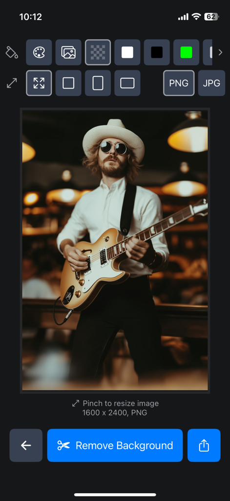 背景透過AIエディターに、ギターを持った男性の写真と背景透過ボタンが表示されている様子