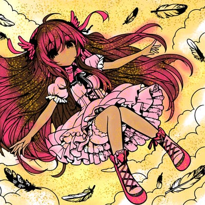 anime girl falling in sky with feathers and long hair