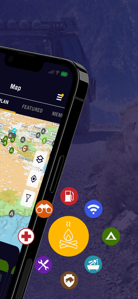 Overland Bound One: Maps & GPS - Smartphone displaying Overland Bound One off-road navigation map with camping and resource icons