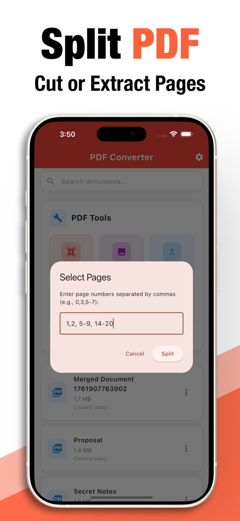 Interface do usuário do recurso Dividir PDF para extrair páginas específicas de um documento