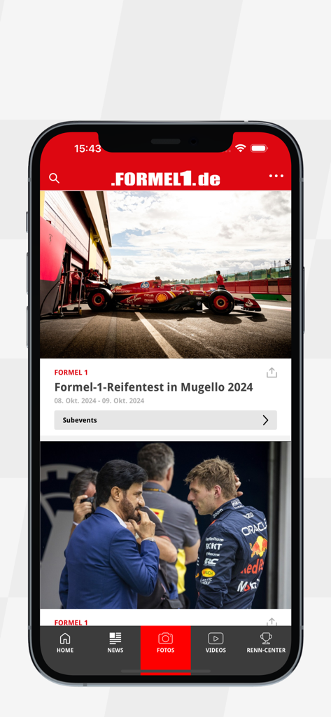 Formel1.de - Fil d'actualités de l'application mobile Formel1.de avec photos et titres de courses