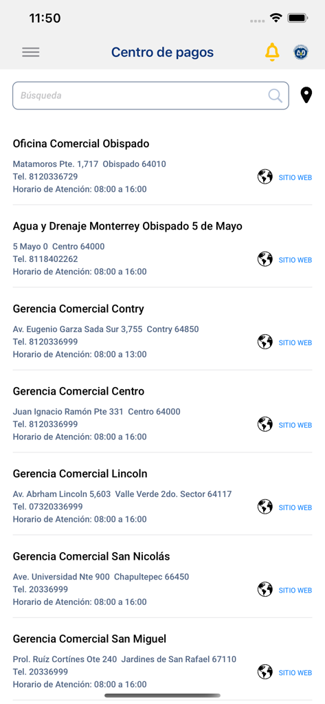 AYD - Lista de oficinas comerciales y centros de pago en la aplicación móvil AYD, incluyendo direcciones y números de teléfono