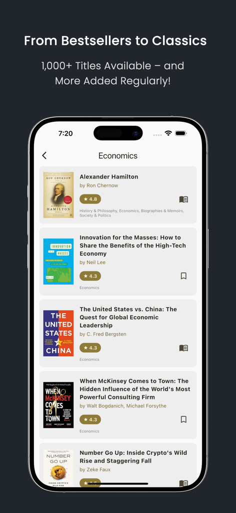 Vivaran: Wisdom in Your Words - Screenshot of Vivaran app displaying a list of book summaries in the Economics category
