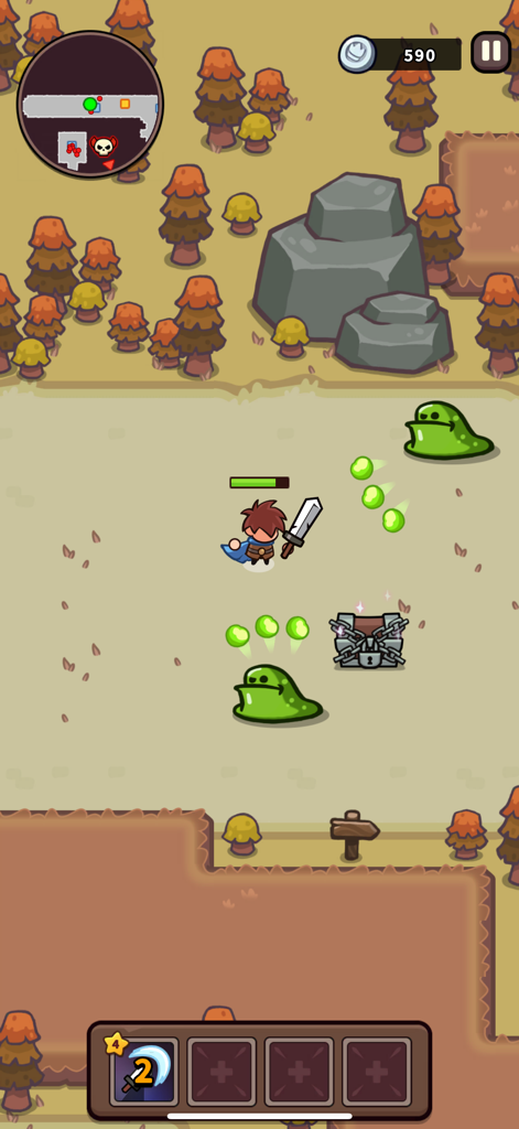 Hero character battling green slime enemies near a locked treasure chest in a forest environment in Loot and Boot