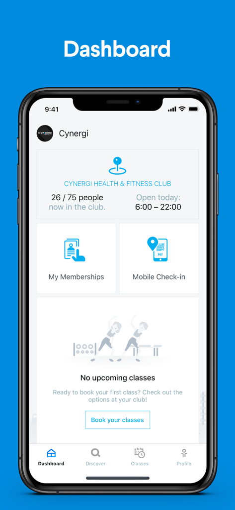 Cynergi - Cynergi mobile app dashboard showing gym occupancy levels and options for mobile check in and class bookings