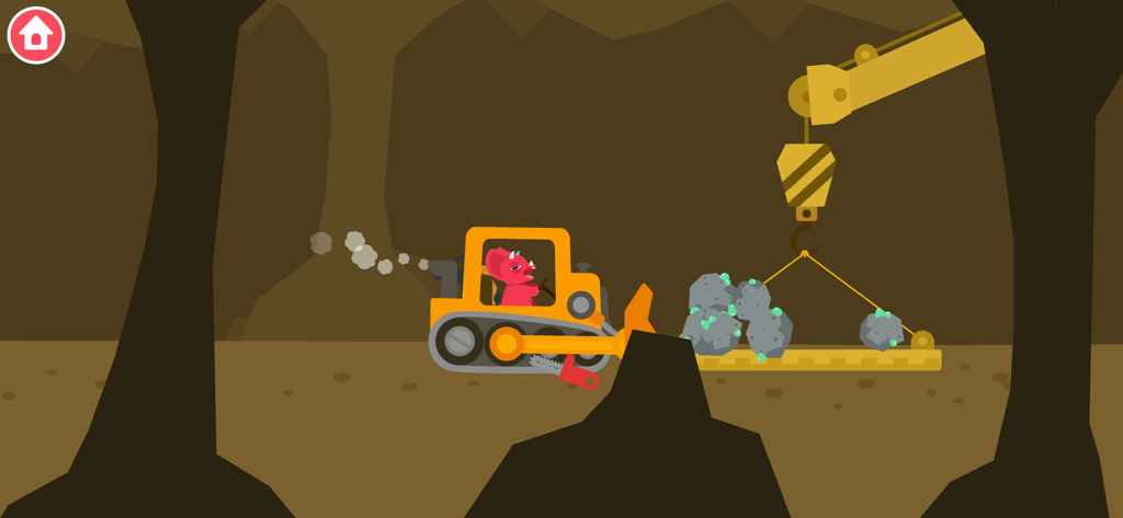 Un dinosauro rosso che aziona un bulldozer giallo e una gru all'interno di una grotta sotterranea