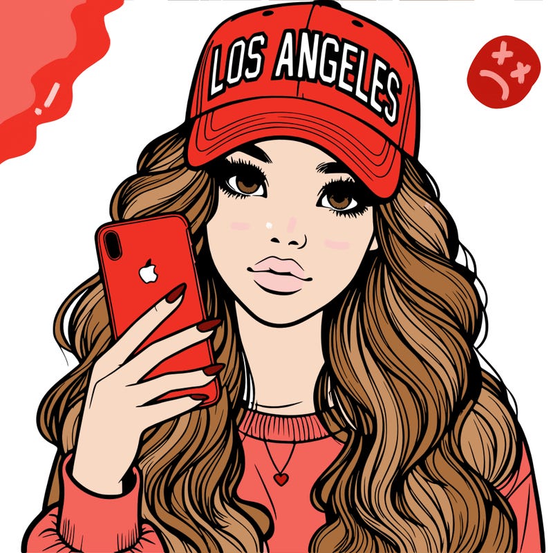realistic beautiful girl wearing los ángeles cap holding an iphone