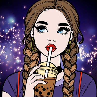 realistic girl with braided hair drinking boba