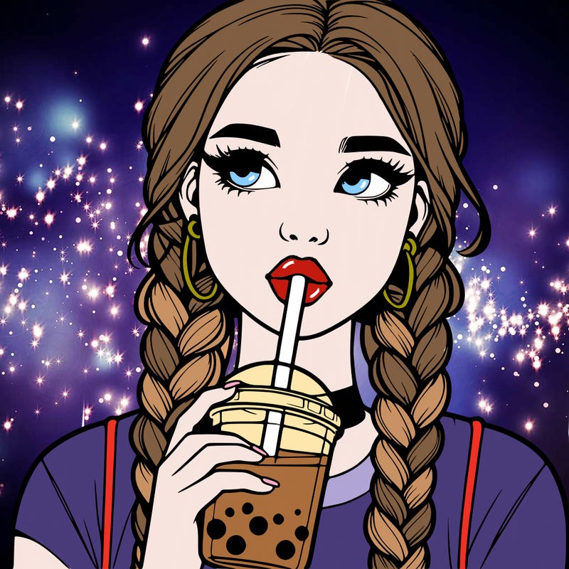 realistic girl with braided hair drinking boba